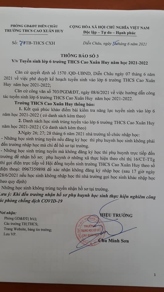 Tuyển sinh vào lớp 6Trường THCS Cao Xuân Huy năm học 2021 - 2022 (Kết quả trúng tuyển và kết quả phúc khảo bài thi)